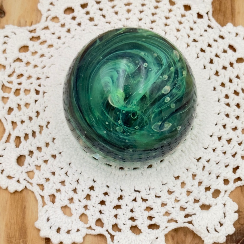 Round Art Glass Paperweight Green Teal Swirl Controlled Bubble Egg Orb 3" Decor - Picture 5 of 13